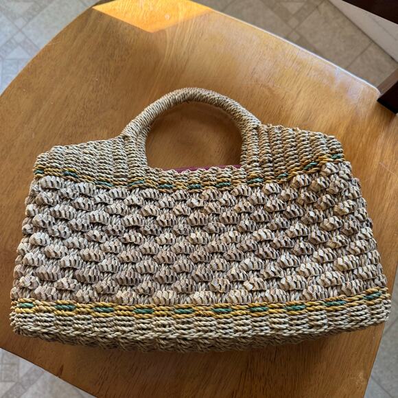 Vintage Boho Textured Bumps Woven Wicker Tan Top Handle HandBag Purse Grandma - Picture 5 of 11